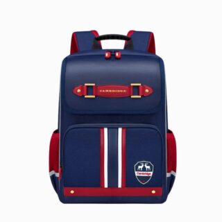 Cartable CM1 style campus américain rouge et bleu marine sur fond blanc