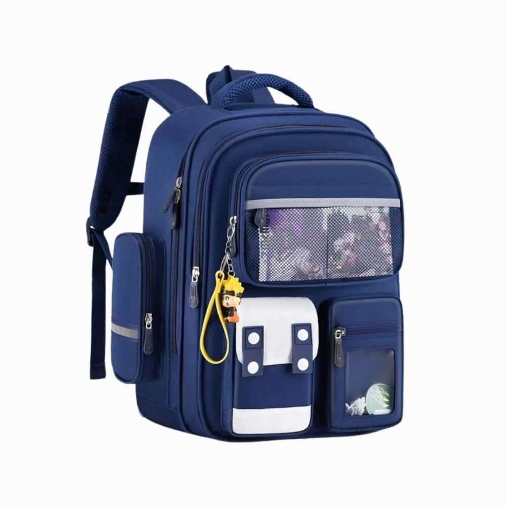 Cartable CM1 bleu foncé style kawaii sur fond blanc