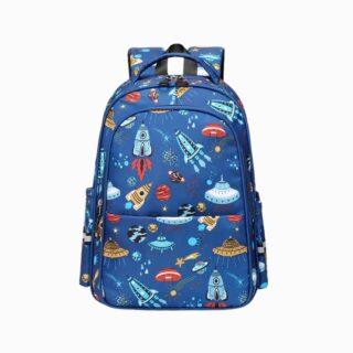 Cartable CM1 pour garçon bleu à imprimé fusées sur fond blanc