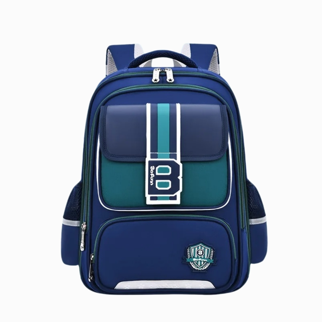 Cartable CM1 pour garçon bleu marine et vert style sportif sur fond blanc