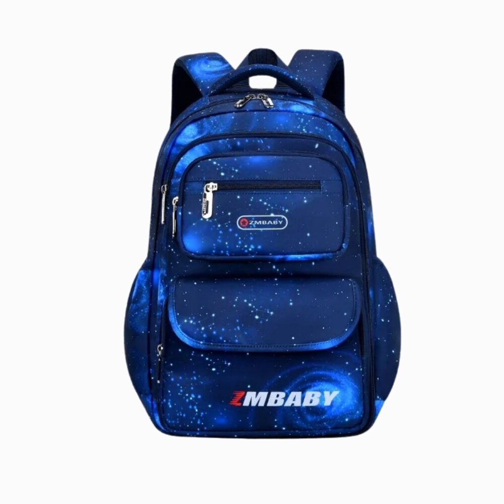 Cartable CM1 pour garçon bleu imprimé galaxie sur fond blanc