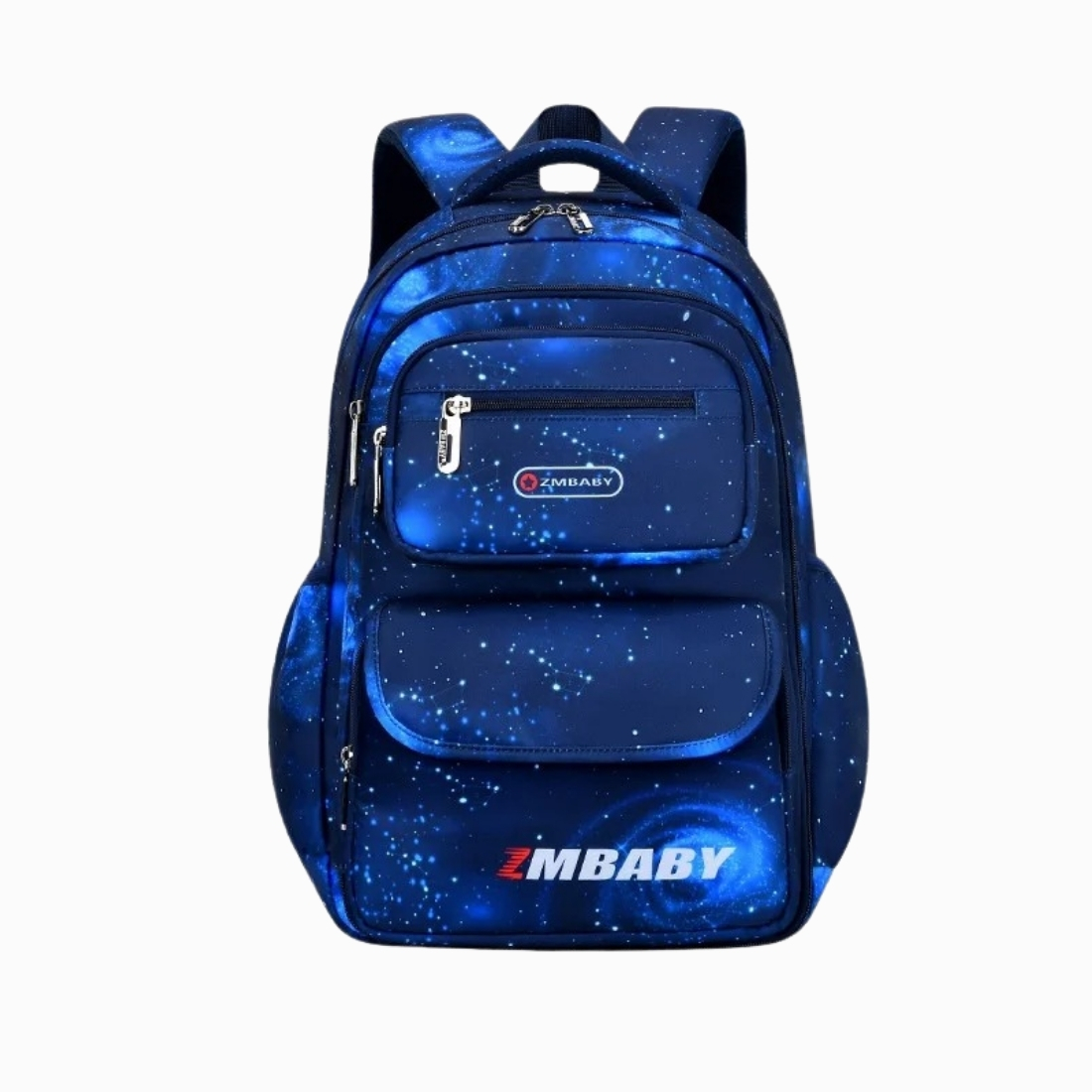 Cartable CM1 pour garçon bleu imprimé galaxie sur fond blanc