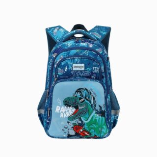 Cartable CM2 pour garçon bleu avec un imprimé dinosaure sur fond blanc