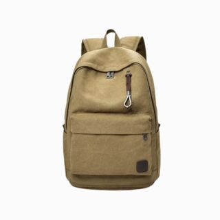 Cartable beige en toile façon sac à dos sur fond blanc