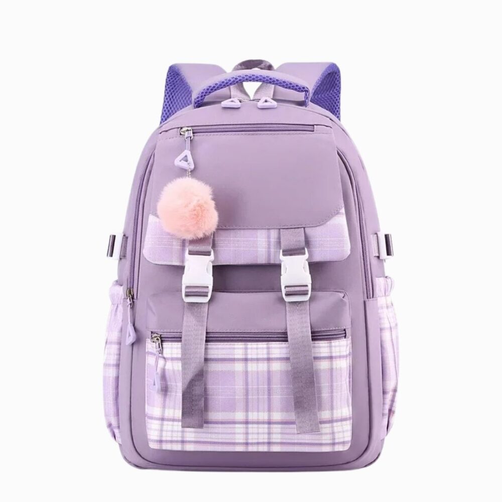 Cartable fille violet avec plusieurs compartiments sur fond blanc