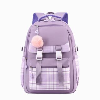 Cartable fille violet avec plusieurs compartiments sur fond blanc