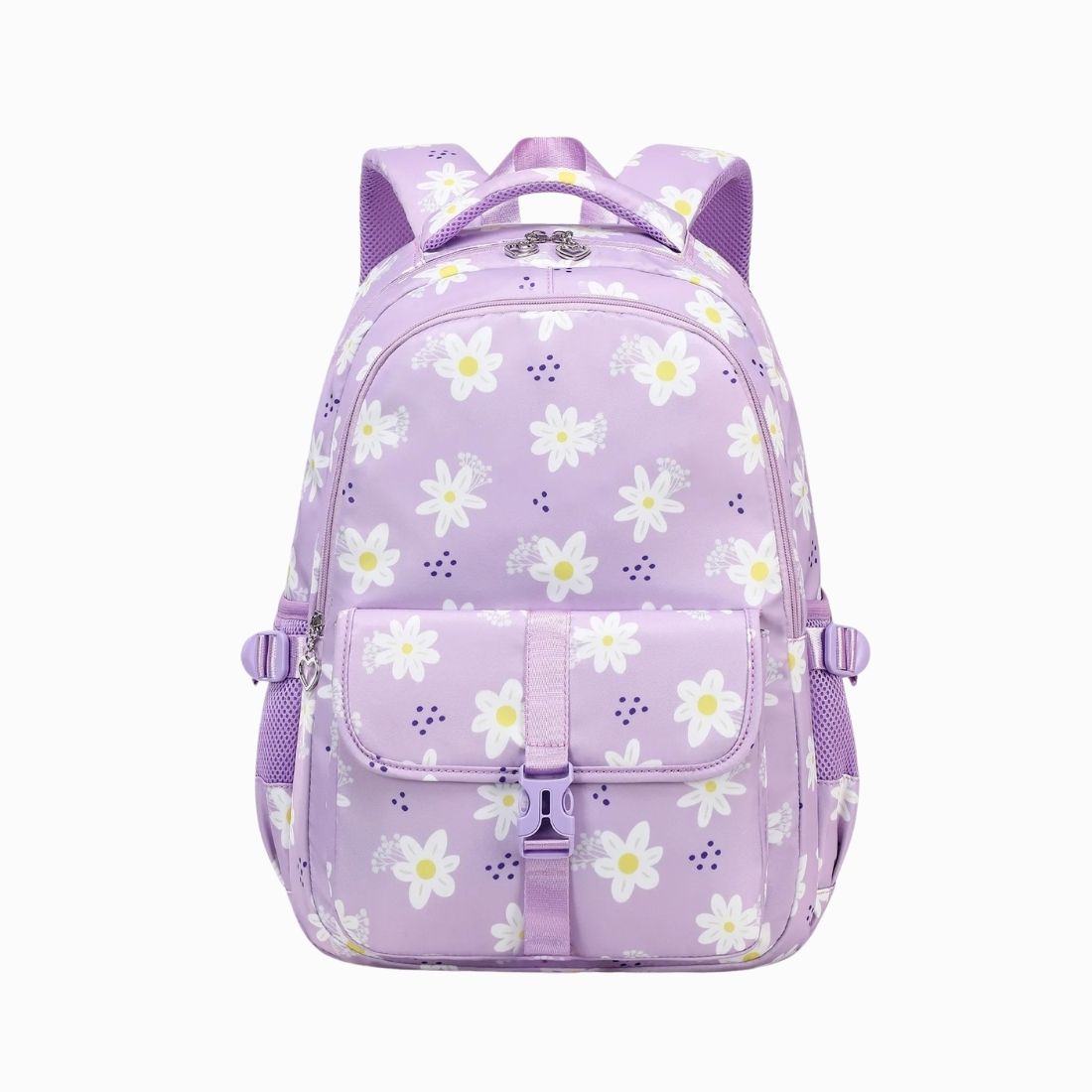 Cartable fille format sac à dos violet à imprimé marguerite sur fond blanc