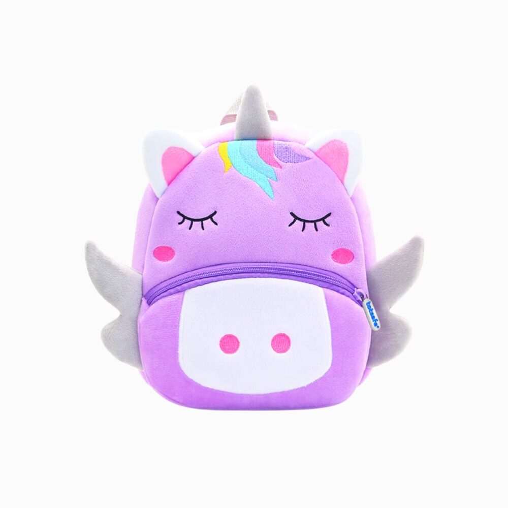 Cartable maternelle pour fillette en peluche en forme de licorne violette avec des ailes sur fond blanc