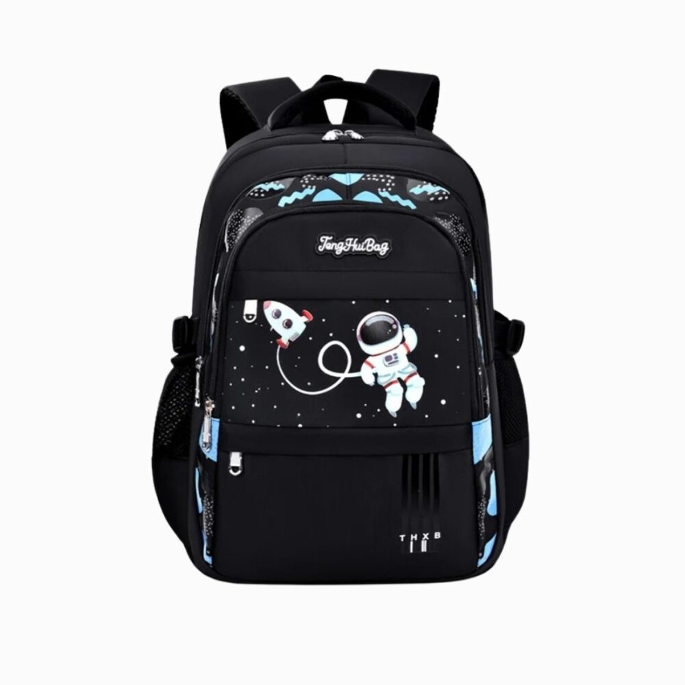 Cartable garçon noir imprimé cosmonaute sur fond blanc