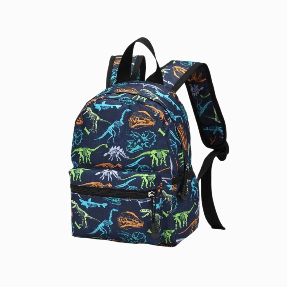 Cartable maternelle pour garçon bleu marine à motif dinosaure sur fond blanc