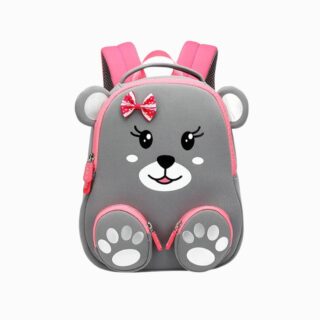 Cartable petit ourson gris et rose pour la maternelle en néoprène sur fond blanc