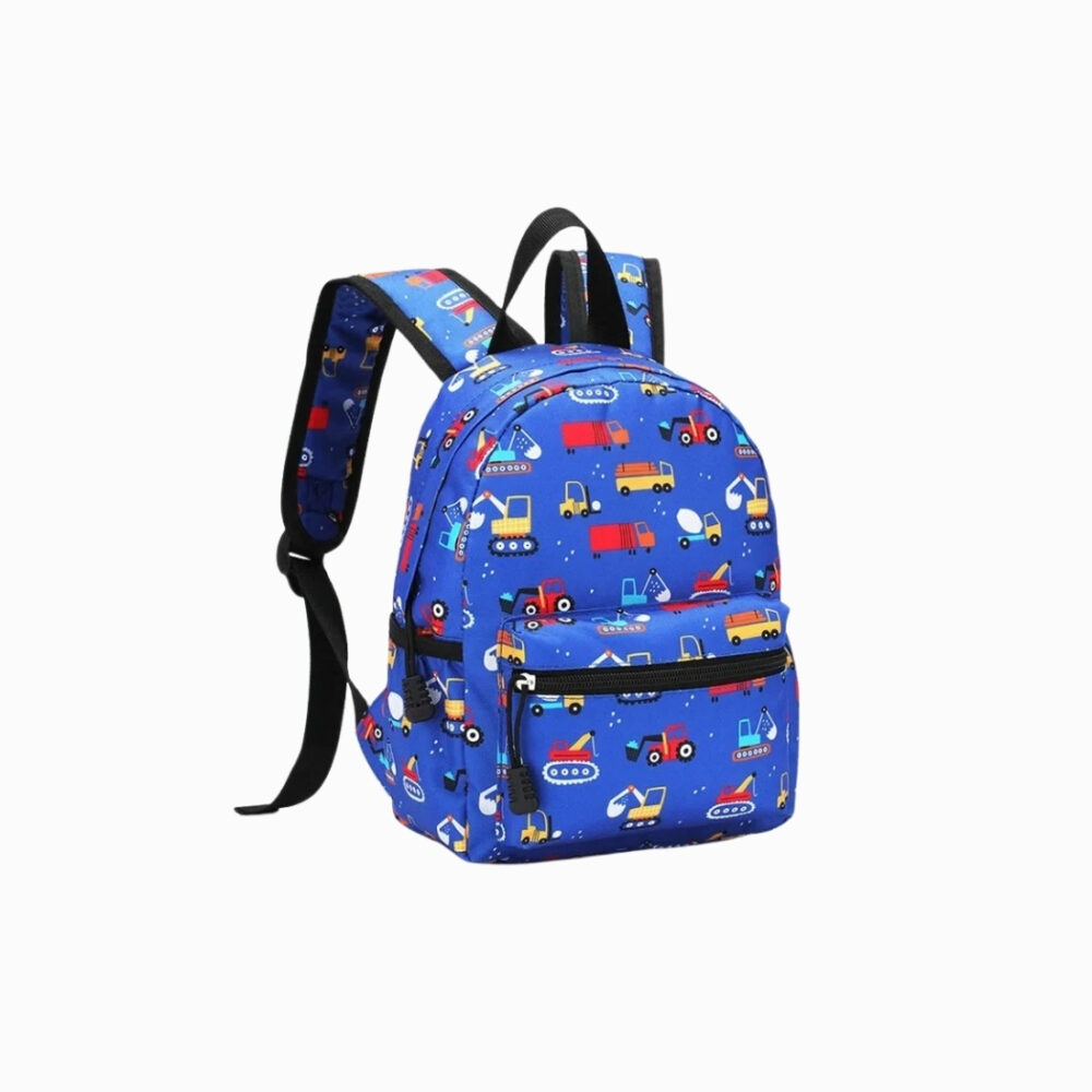 Cartable maternelle pour garçon bleu à motif camions sur fond blanc
