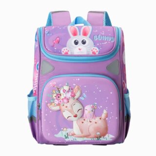 Cartable pour fille violet école primaire avec des animaux mignons sur fond blanc