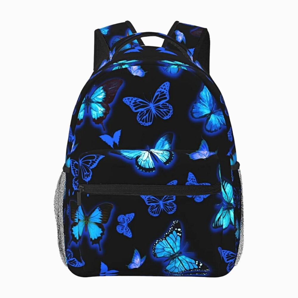Cartable sac à dos noir à motif papillon bleu sur fond blanc