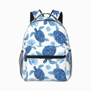Cartable sac à dos bleu et blanc à motif tortues et coquillages sur fond blanc