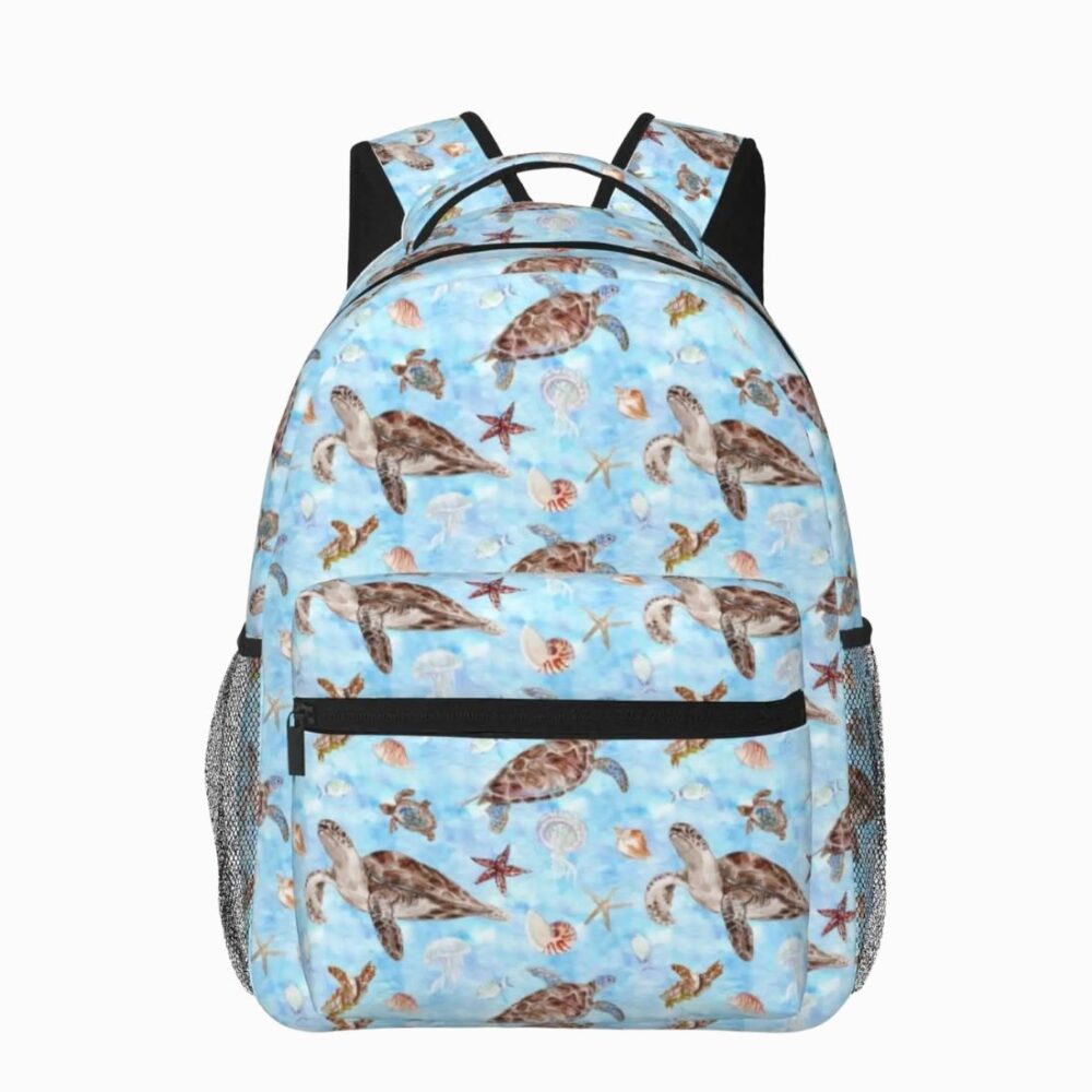 Cartable sac à dos bleu ciel à imprimé tortues de mer sur fond blanc