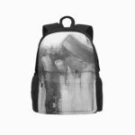 Cartable sac à dos gris avec un imprimé art abstrait sur fond blanc