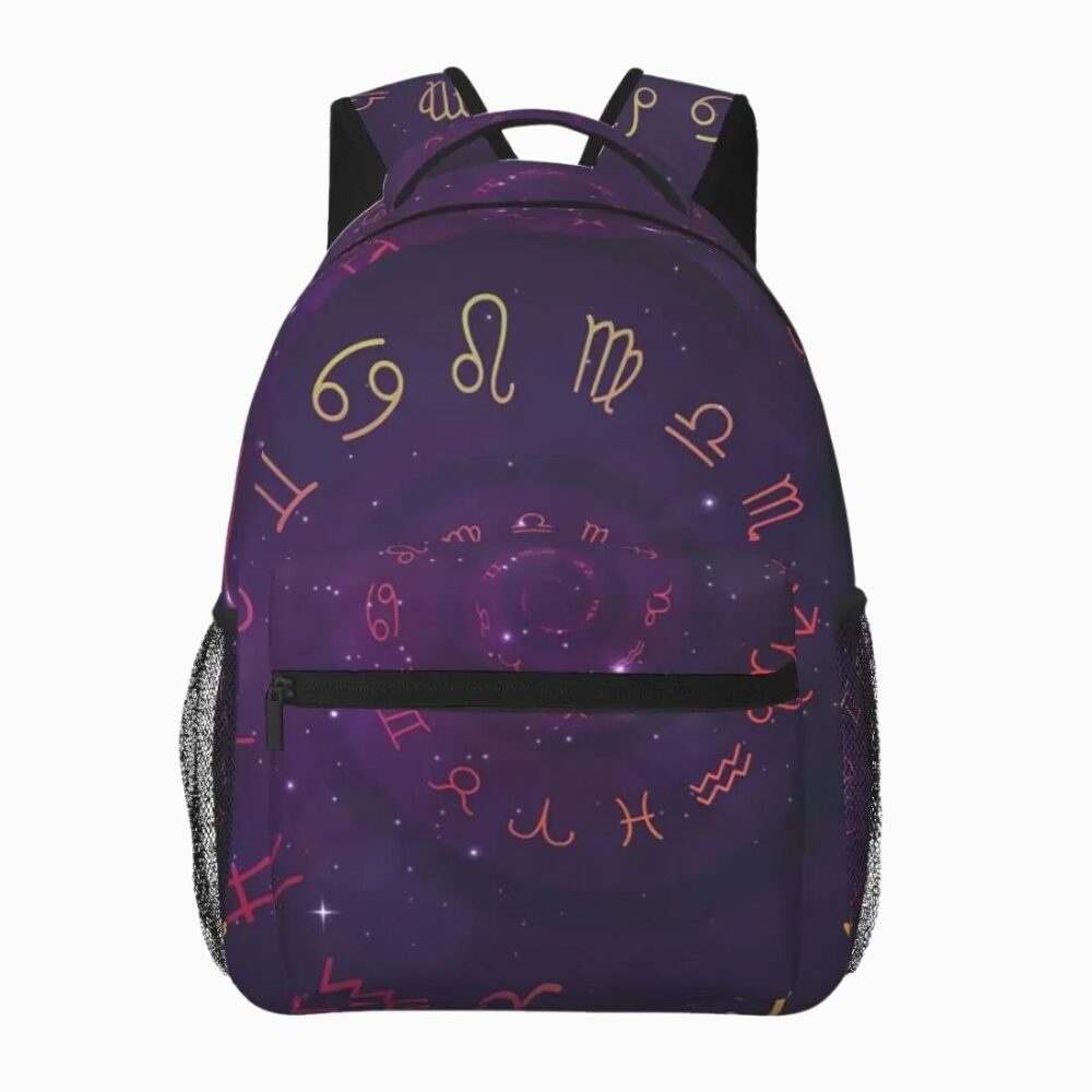 Cartable sac à dos violet foncé avec les signes du zodiaque sur fond blanc
