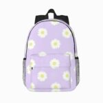 Cartable sac à dos violet à imprimé marguerites sur fond blanc