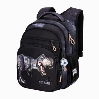 Cartable CE2 avec imprimé de T_Rex sur la poche avant. Plusieurs espaces de rangement. Poignée et bretelles renforcées. Sur fond gris clair.