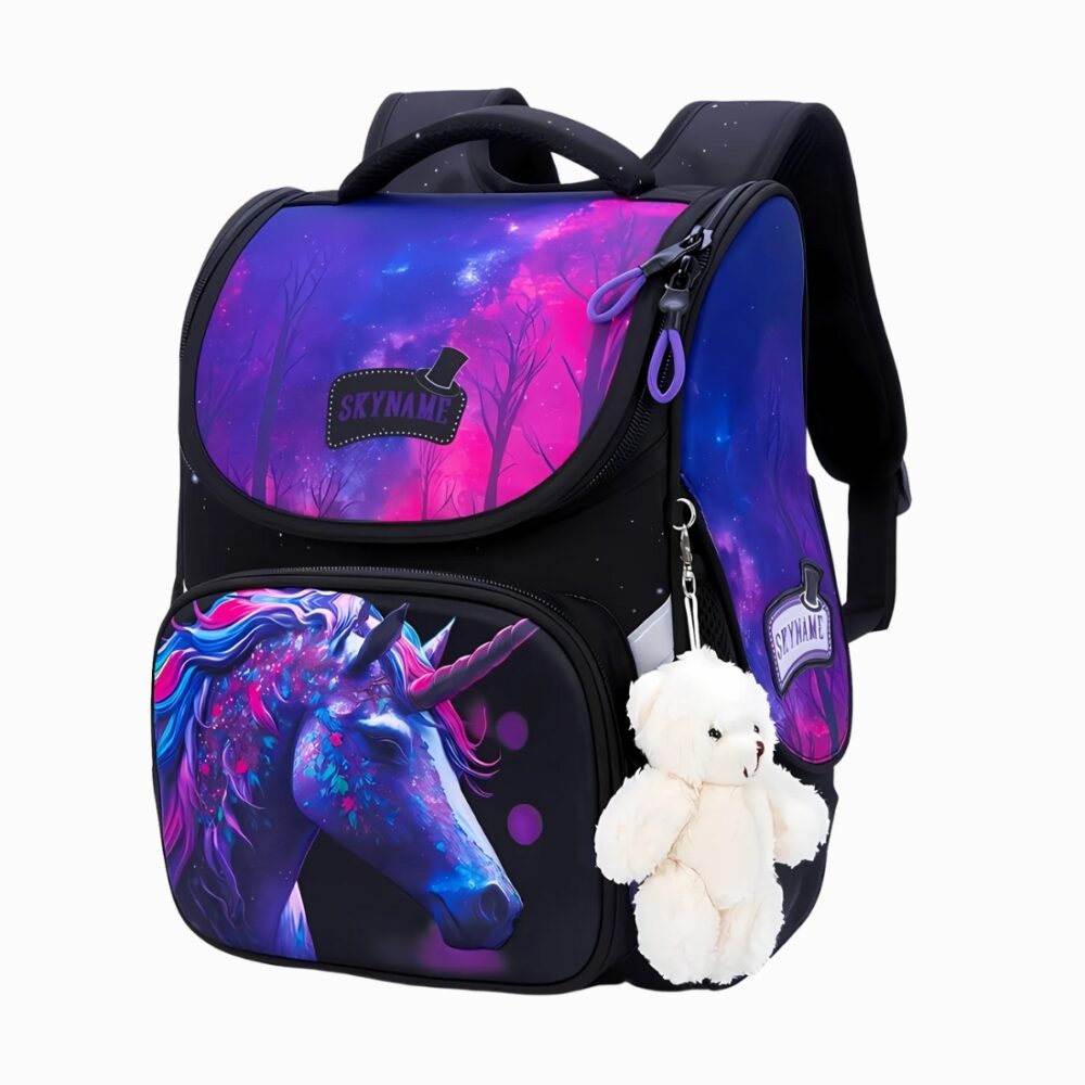 Cartable fille 35 cm avec licorne bleutée sur fond noir. Le cartable à une grande ouverture pratique sur le haut et un porte-clé nounours sur le côté droit. Sur fond gris clair.