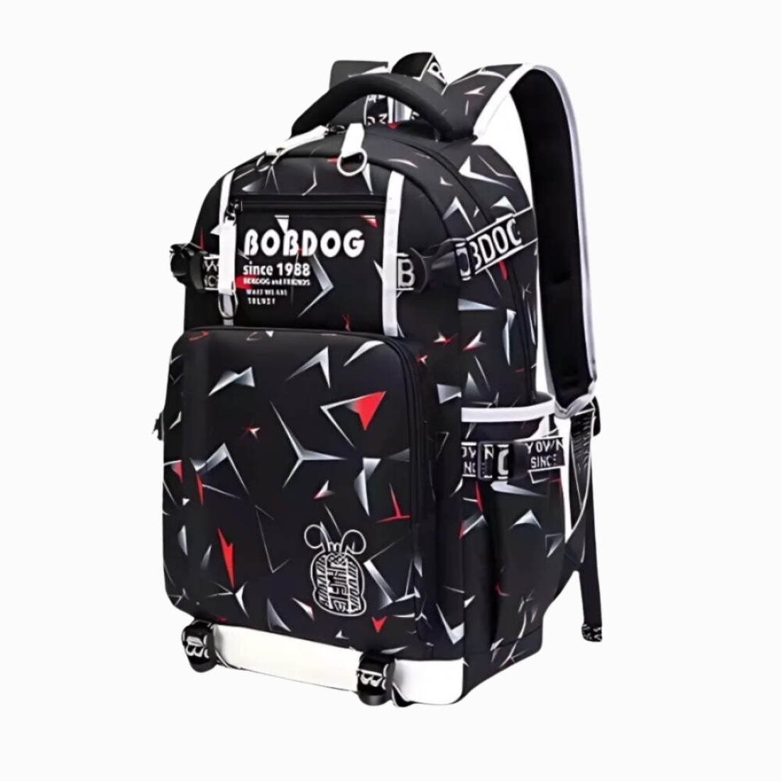 Cartable sac à dos confortable et léger de couleur noire avec des motifs blancs et rouges. Plusieurs espaces de rangement. Sur fond gris clair.