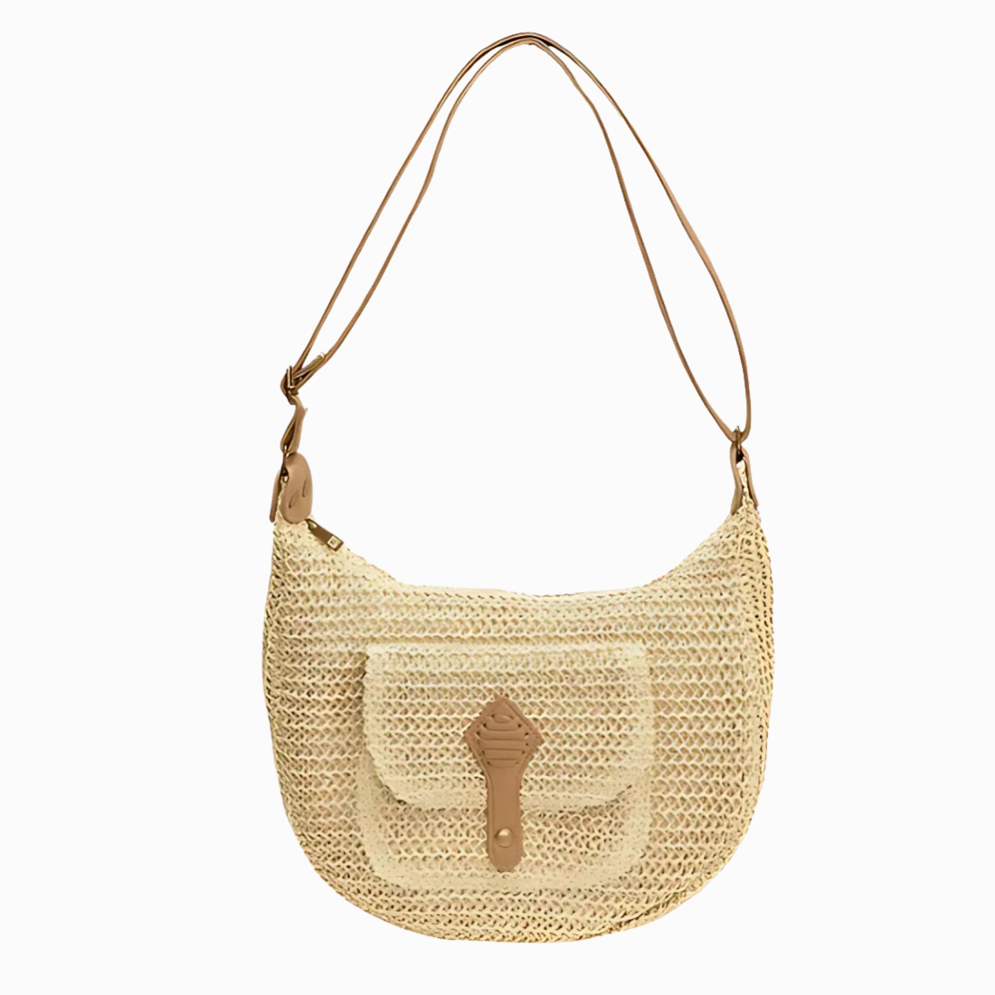 Cartable sac à main en paille pour femme avec bandoulière en similicuir marron et une poche à l'avant. Le sac est beige. Sur fond gris clair.