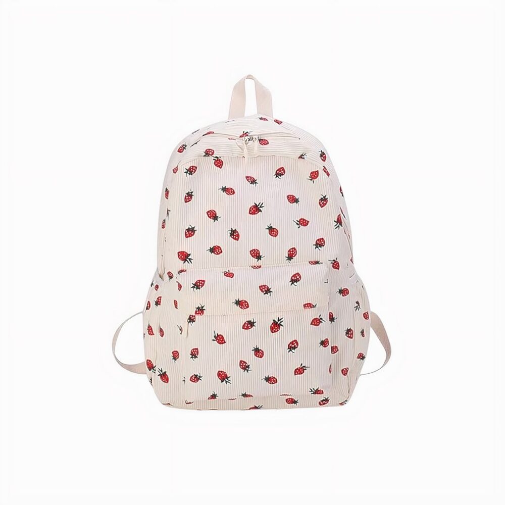 cartable beige en velours côtelé avec motifs fraises rouges, vue de face, sur fond neutre.