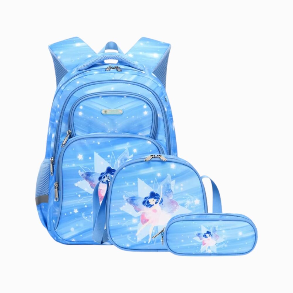 Cartable bleu foncé avec motif de fée brillante, accompagné d’une trousse et d’un sac repas assortis.