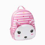cartable rose à rayures avec visage de lapin blanc, oreilles en relief, sur fond blanc
