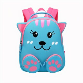 petit cartable en néoprène turquoise avec oreilles et pattes roses, visage de chat souriant, bretelles rose vif. Sur fond blanc.