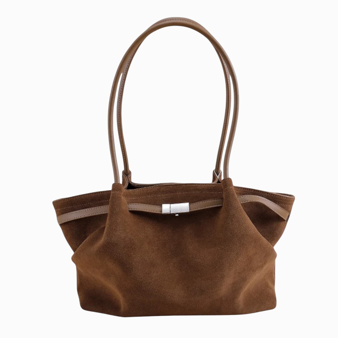 cartable cabas en daim souple, coloris chocolat et camel, avec longues anses fines, posé sur un fond neutre.