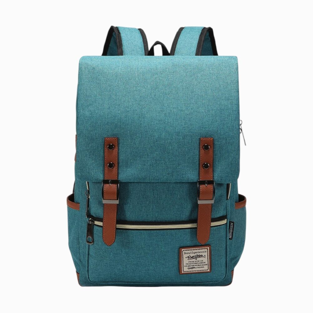 cartable turquoise à bretelles noires, avec lanières marron et grandes poches, sur fond blanc