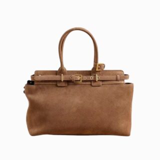 cartable en daim marron porté à la main style sac à main, marron clair; sur fond blanc