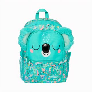 cartable turquoise en forme de koala avec oreilles peluche, détails imprimés animaux, fond blanc