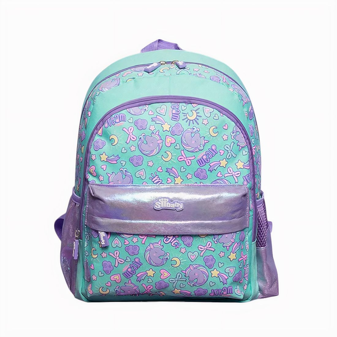 Accueil Cartable turquoise avec motifs licornes et cœurs, tons pastel et détails brillants, posé sur un fond blanc