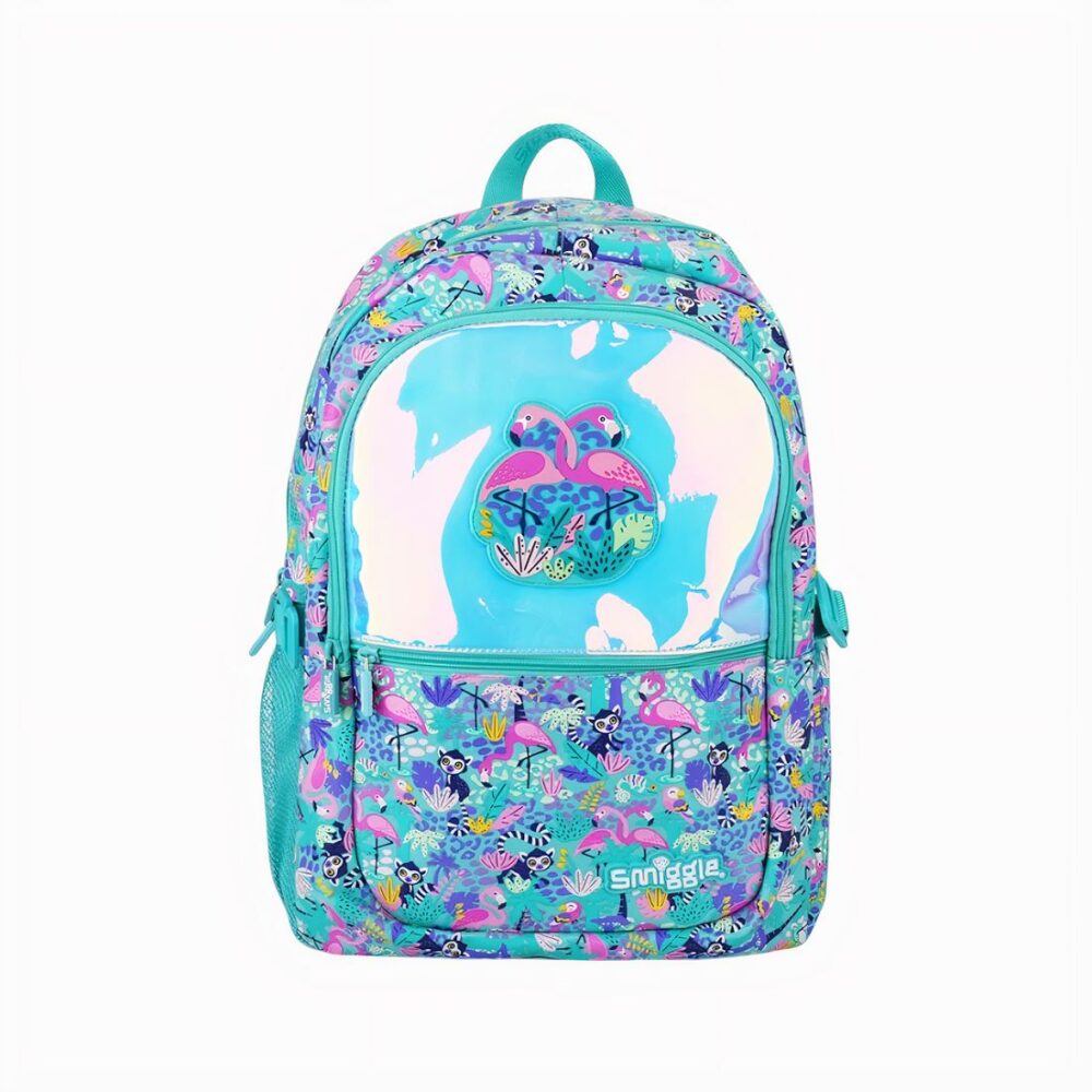 cartable turquoise vif avec motifs tropicaux colorés, poches latérales, bretelles imprimées, flamants roses sur le devant sur un fond nacré irisé. Sur fond blanc.