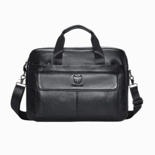 Cartable noir en cuir pour homme en forme de porte-documents sur fond blanc