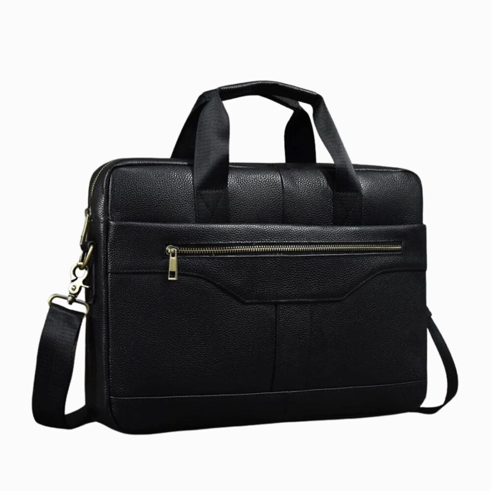 Cartable porte-documents en cuir noir pour homme sur fond blanc