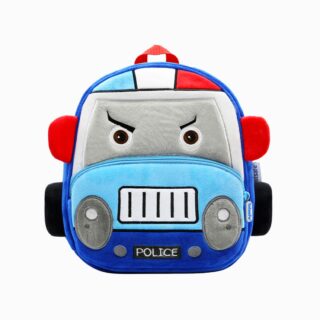 Cartable sac à dos en forme de voiture de police bleue en peluche pour garçon sur fond blanc