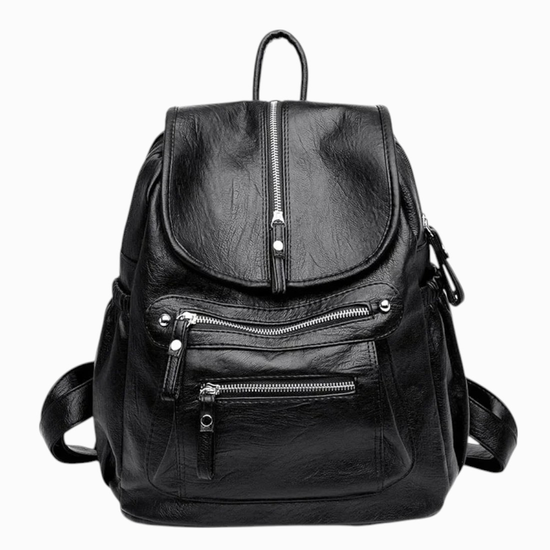 Cartable sac à dos en cuir véritable pour femme de couleur noire avec deux poches zippées devant. Sur fons gris clair.