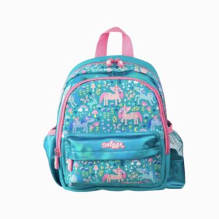 petit cartable turquoise à imprimé licornes colorées, détails holographiques bleu irisé et fermeture éclair rose, sur fond blanc