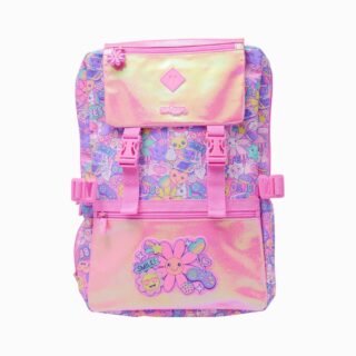 Cartable rectangulaire rose pastel avec rabat à paillettes, décoré de sourires, cœurs et arc-en-ciel sur fond blanc.