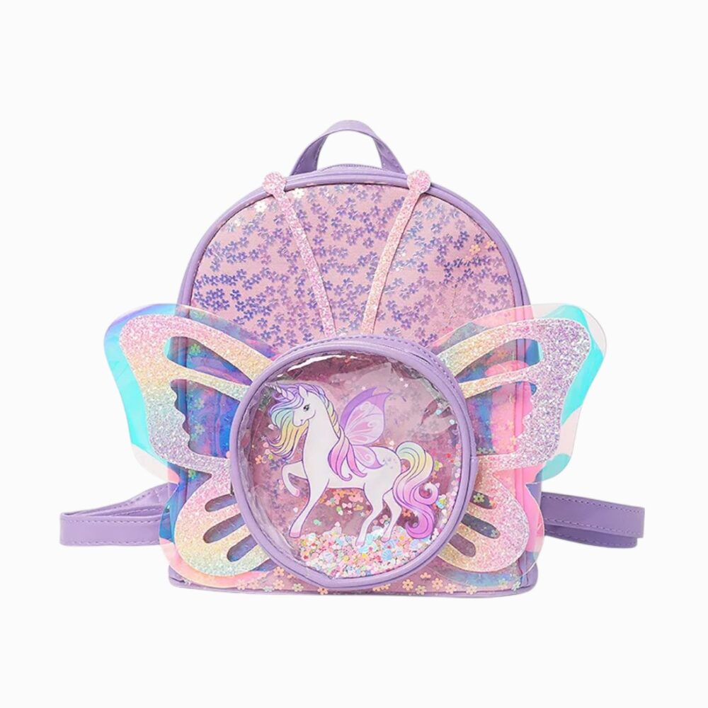 petit cartable violet brillant avec ailes papillon et licorne rose au centre, sur fond blanc
