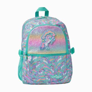 cartable violet et turquoise, licorne imprimée, arc-en-ciel, paillettes brillantes, sur fond blanc