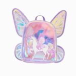 cartable licorne violet brillant avec grandes ailes holographiques, sur fond blanc, vue de face