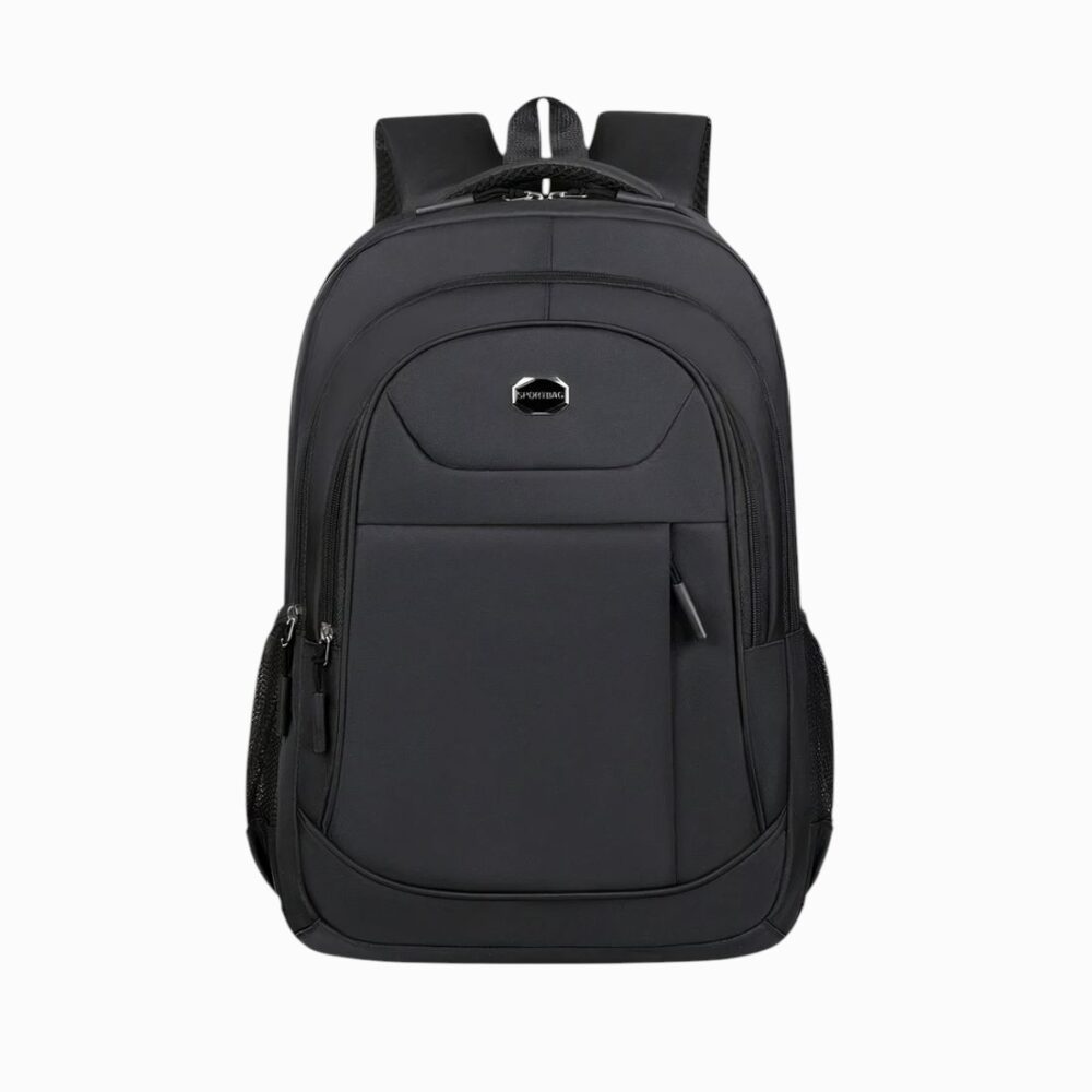 Sac à dos scolaire noir pour enfant, avec plusieurs compartiments, poche zippée à l'avant et bretelles rembourrées, vu de face sur fond neutre.