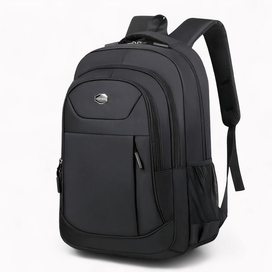 Sac à dos scolaire noir pour enfant, avec plusieurs compartiments, poche zippée à l'avant et bretelles rembourrées, présenté de 3/4 sur fond neutre.