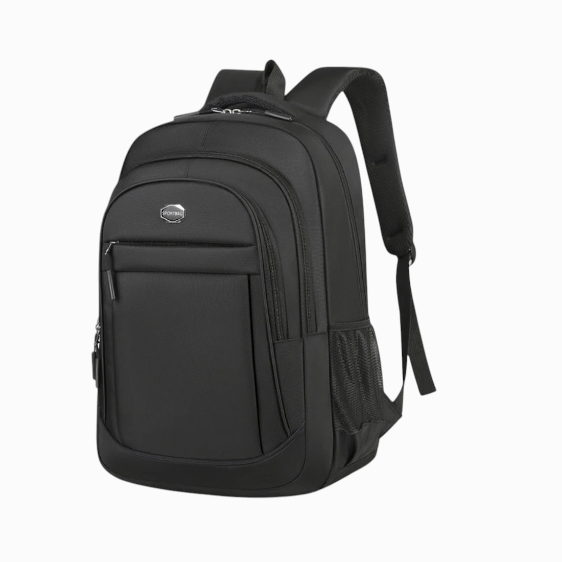 Cartable sac à dos multi-compartiments noir, vue de 3/4, sur fond neutre