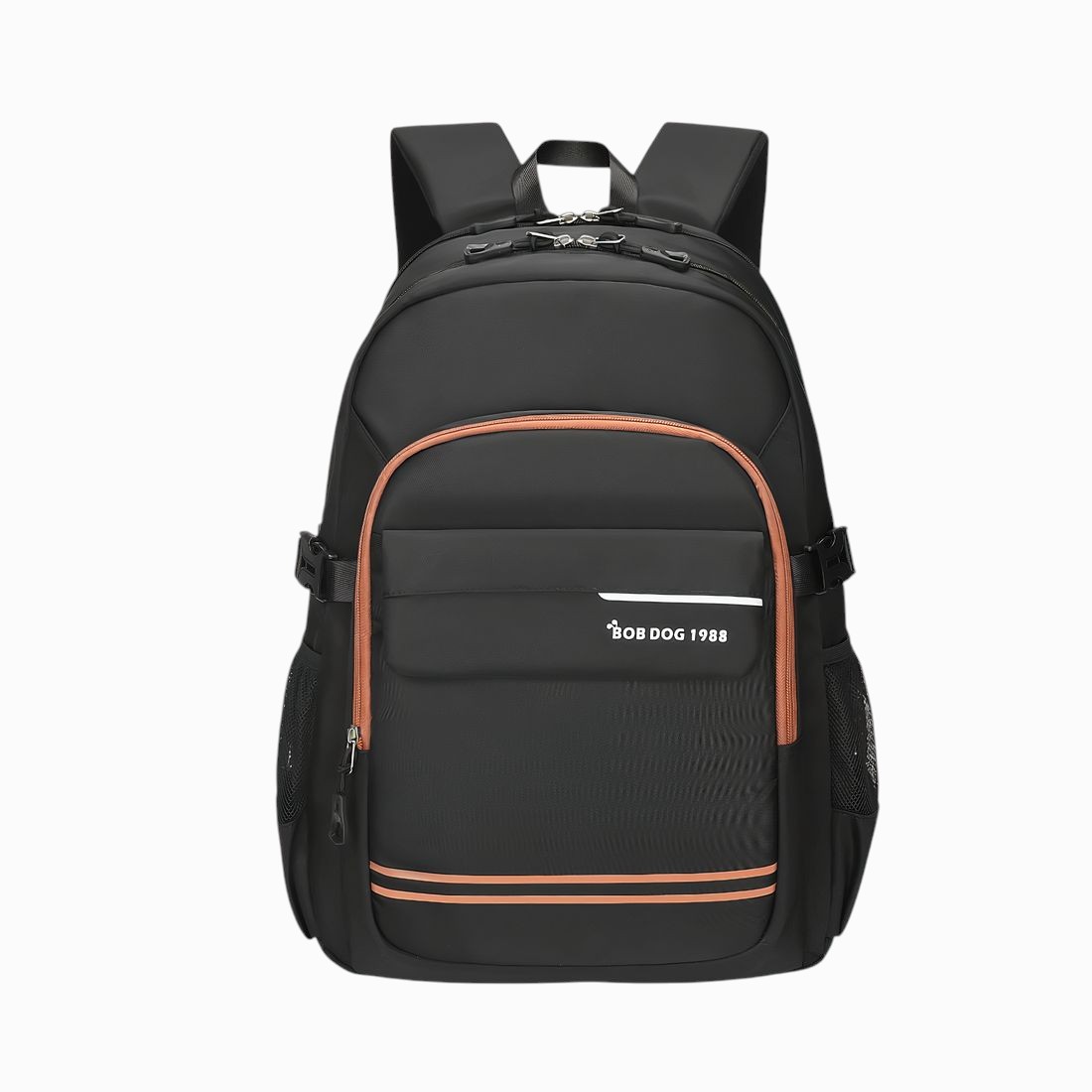 Cartable scolaire enfant noir, format sac à dos, et multiples poches, détails orange, vu de face